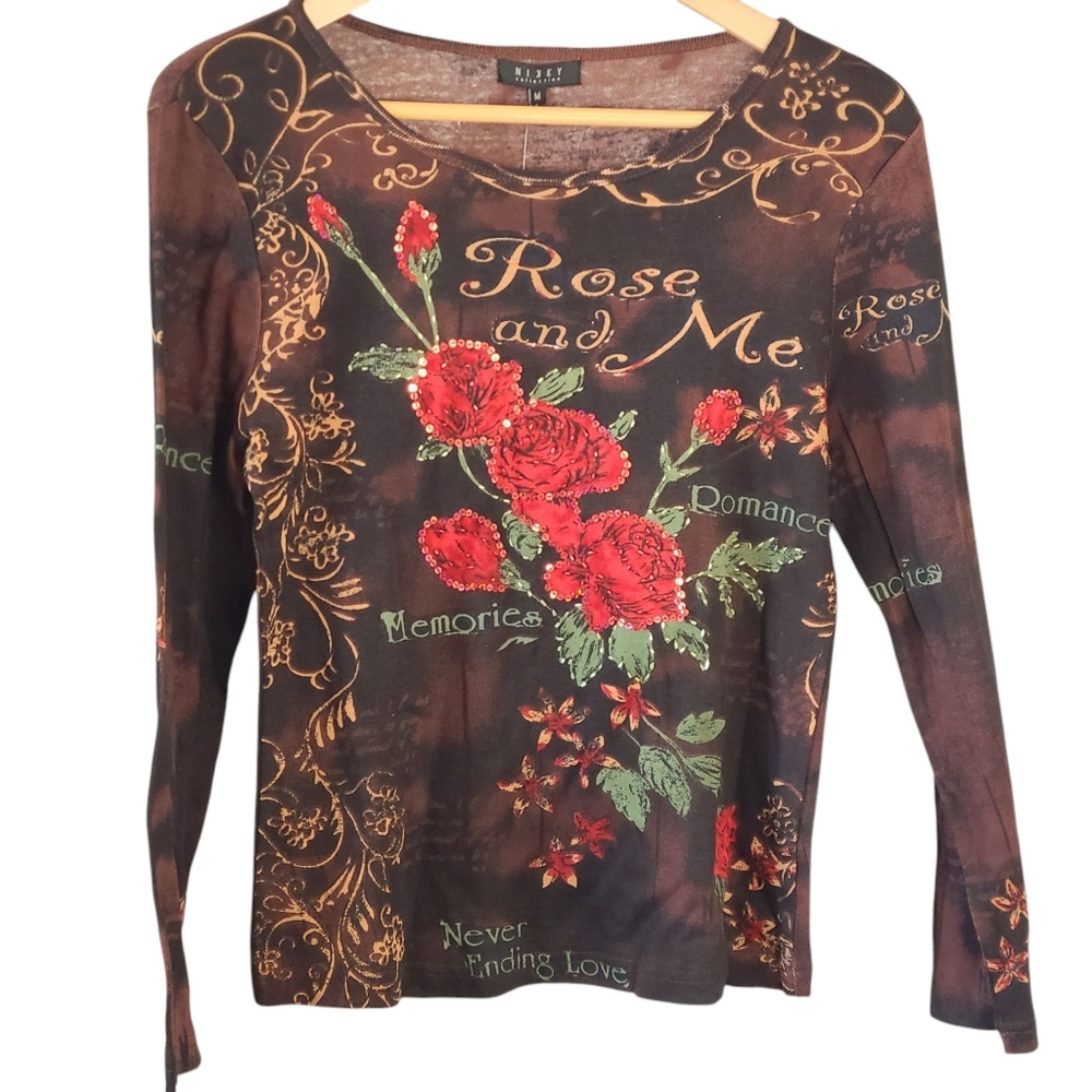 Nwt Nikky Collection Tee Long Sleeve Street Roses Skater Brown Red M